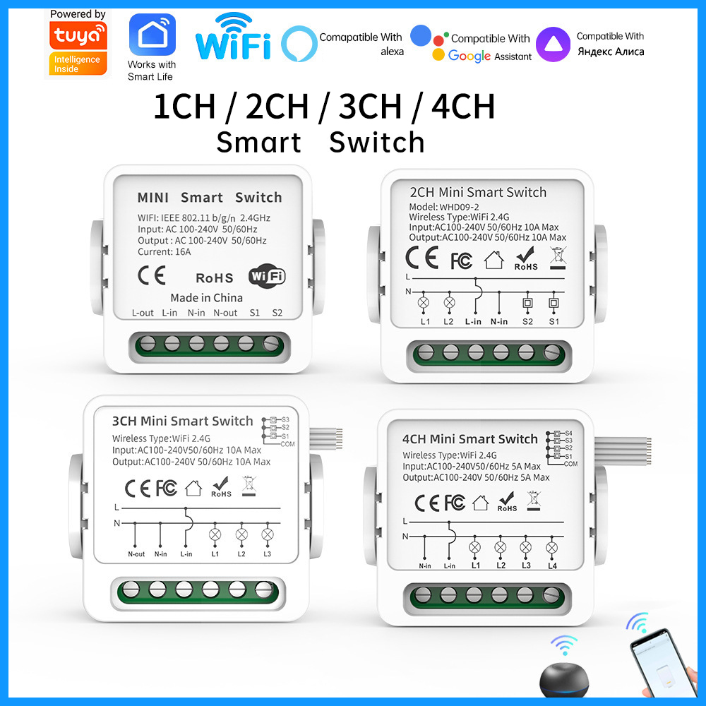 Smart Accessories - Tuya WiFi Smart-Schalter 1/2/3/4-fach 4-Wege Mini
