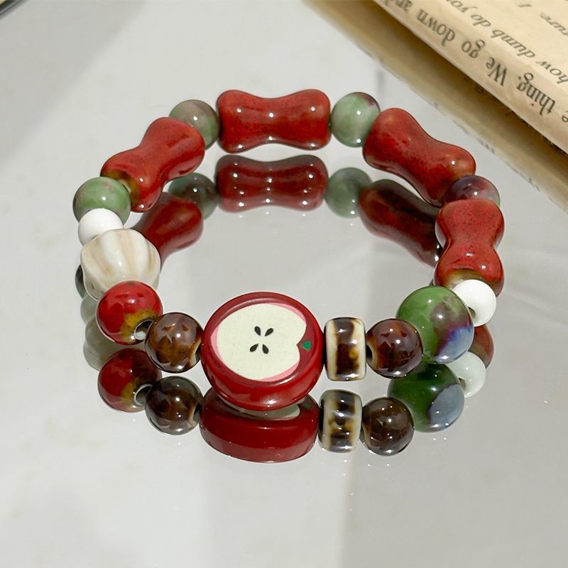 Ceramic Link Bracelet - Retro Imitation Apfel-Keramikperlen-Armband Niedliches Farbmix-Stern-Damenarmband Modisches