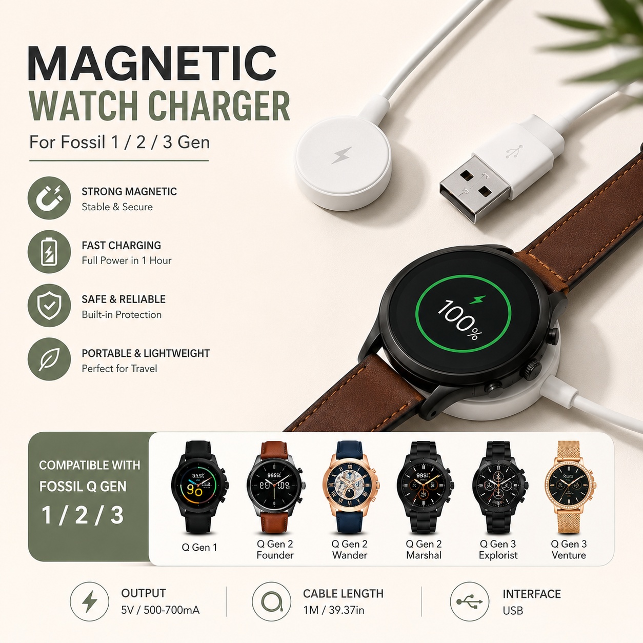 Fossil Smartwatch Accessories - USB-Uhrenladegerät-Adapter, Smartwatch-Ladekabel, Dock, Ersatzzubehör für Fossil