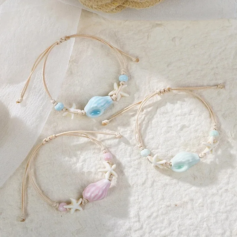Ceramic Link Bracelet - Böhmische Muschel-Seestern-Muscheln-Perlenarmbänder für Frauen und Mädchen,